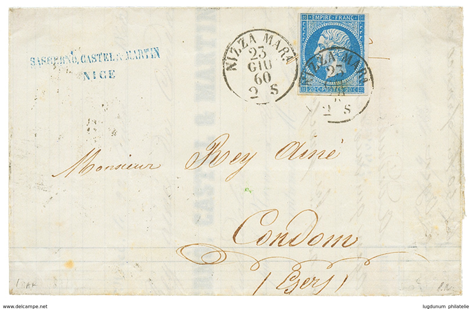 1860 20c(n°14) TB Margé Obl. Cachet Sarde NIZZA MARA Sur Lettre Avec Texte Pour CONDOM. Signé ROBINEAU. Superbe Qualité. - 1853-1860 Napoleone III