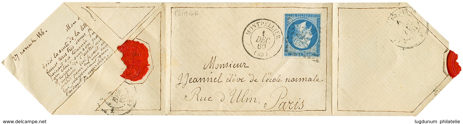 "PLIAGE SPECIALE" : 1860 20c(n°14) Sur Magnifique Lettre Décorée(texte Complet) Avec Pliage Spéciale De MONTPELLIER. Sup - 1853-1860 Napoleon III