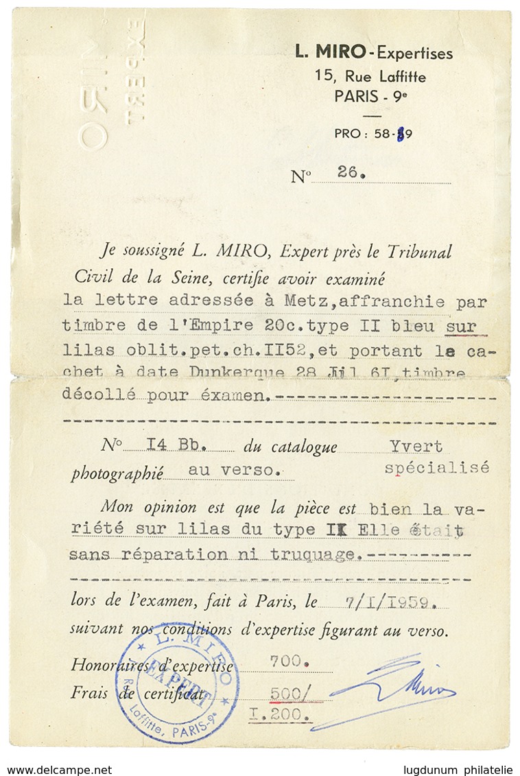 1861 20c(n°14) Type II Bleu Sur Lilas Obl. PC 1152 + T.15 DUNKERQUE Sur Lettre. Certificat MIRO (1959). Superbe. - 1853-1860 Napoleone III