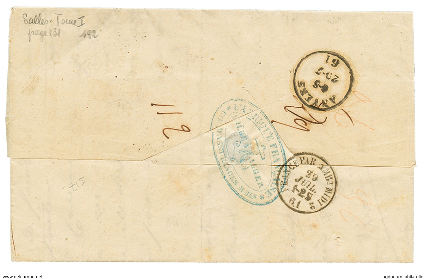 1861 Bande De 4 Du 20c(n°14) TTB Margée Obl. PC 1896 + Cachet Maritime ALGER BAT. A VAP. Sur Lettre D' ALGER Pour ANVERS - 1853-1860 Napoléon III