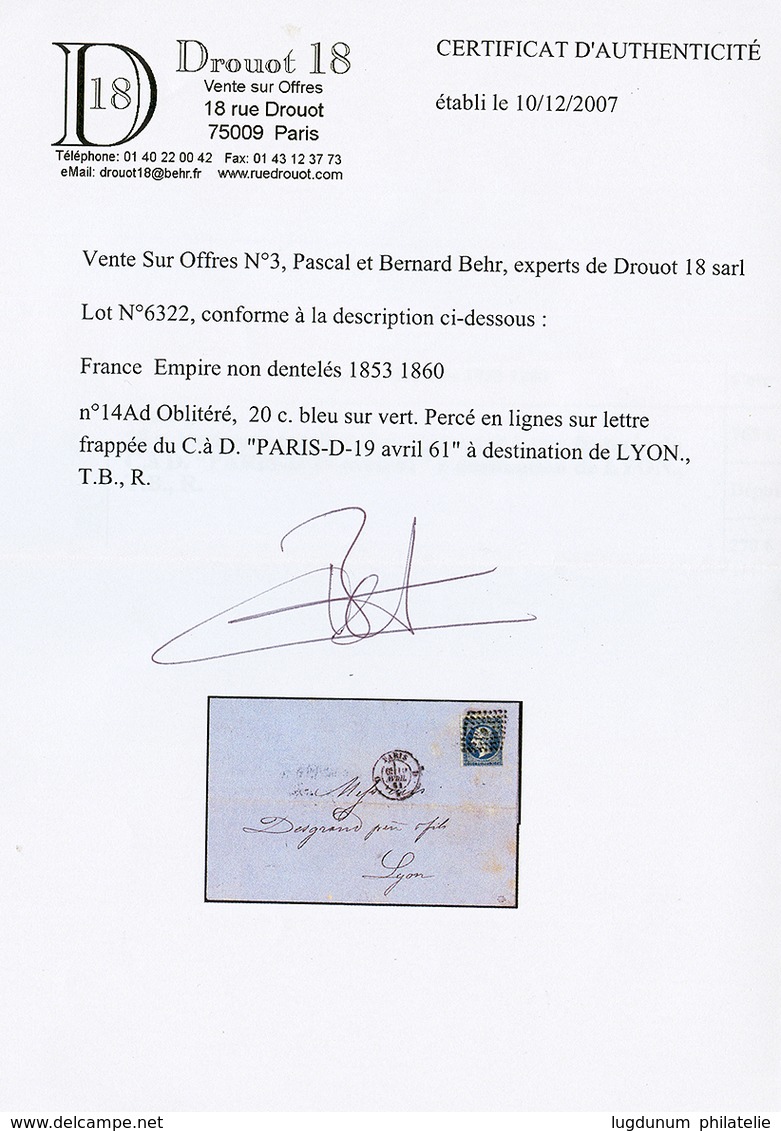 "BLEU Sur VERT Perçé En Lignes" : 1861 20c(n°14) BLEU Sur VERT Perçé En Lignes Sur Lettre De PARIS. Signé BRUN & ROUMET. - 1853-1860 Napoléon III