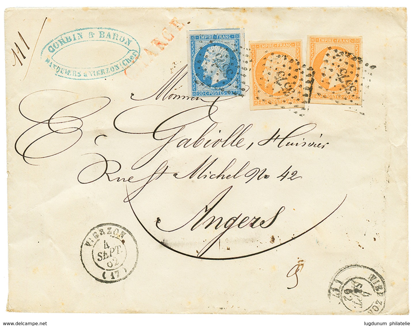 1862 20c(N°14) + 40c(n°16)x2 TTB Margés Obl. PC 3575 + T.15 VIERZON Sur Env. CHARGE. Superbe. - 1853-1860 Napoléon III