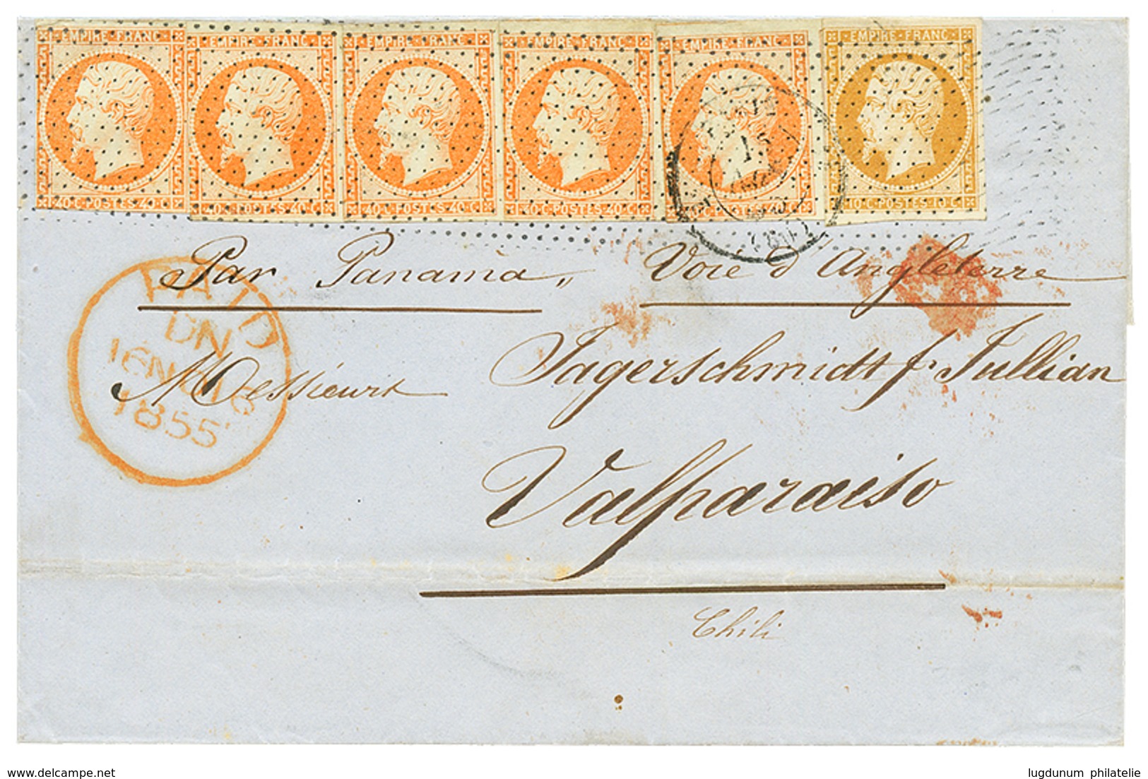 "2F10 Pour Le CHILI" : 1855 40c(n°16)x5 + 10c(n°13) Obl. ROULEAU De POINTILLES FINS Sur Lettre De PARIS Pour VALPARAISO. - 1853-1860 Napoléon III