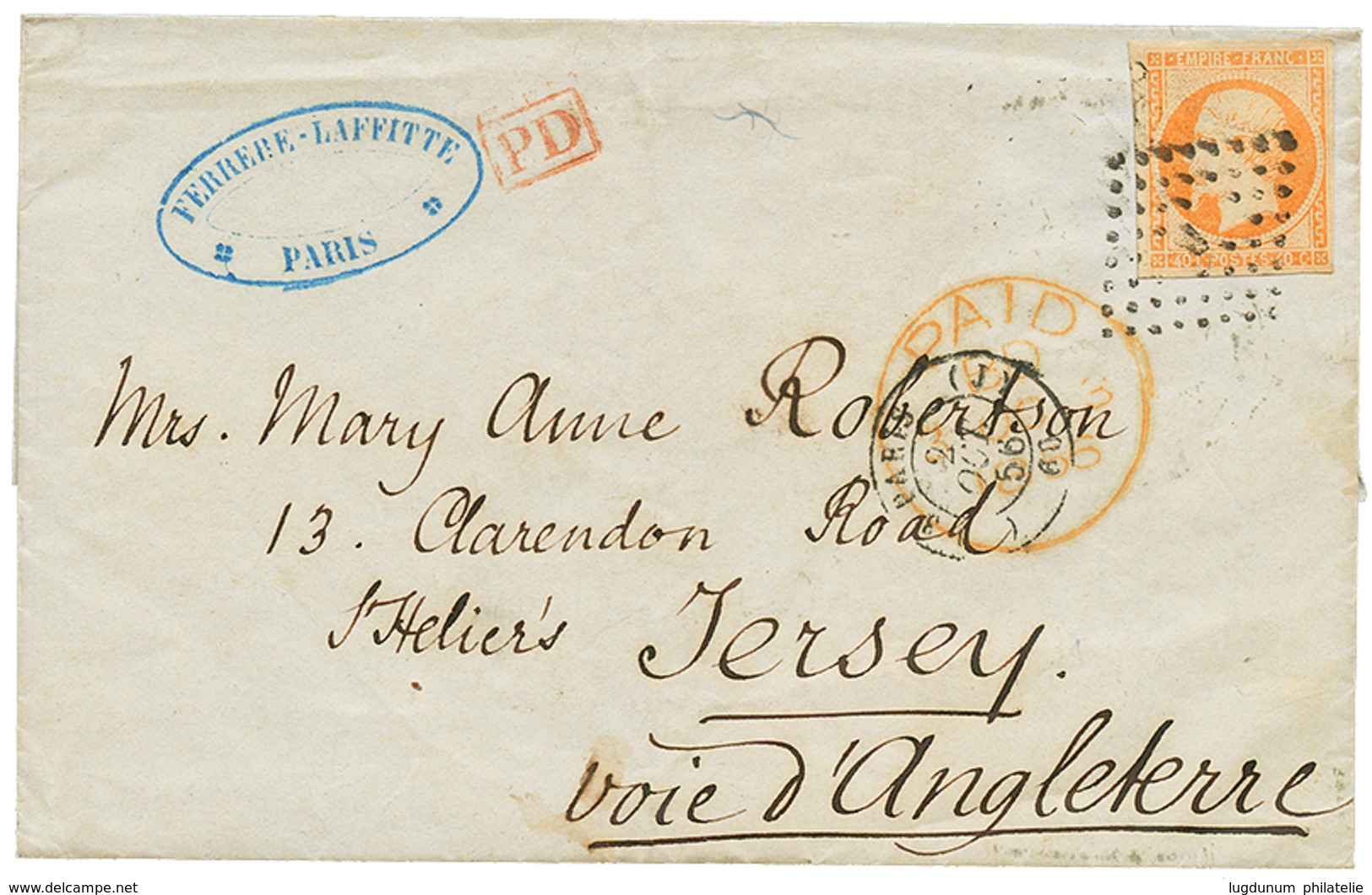 1856 40c(n°16) TB Margé Sur Lettre De PARIS Pour JERSEY. TTB. - 1853-1860 Napoleone III