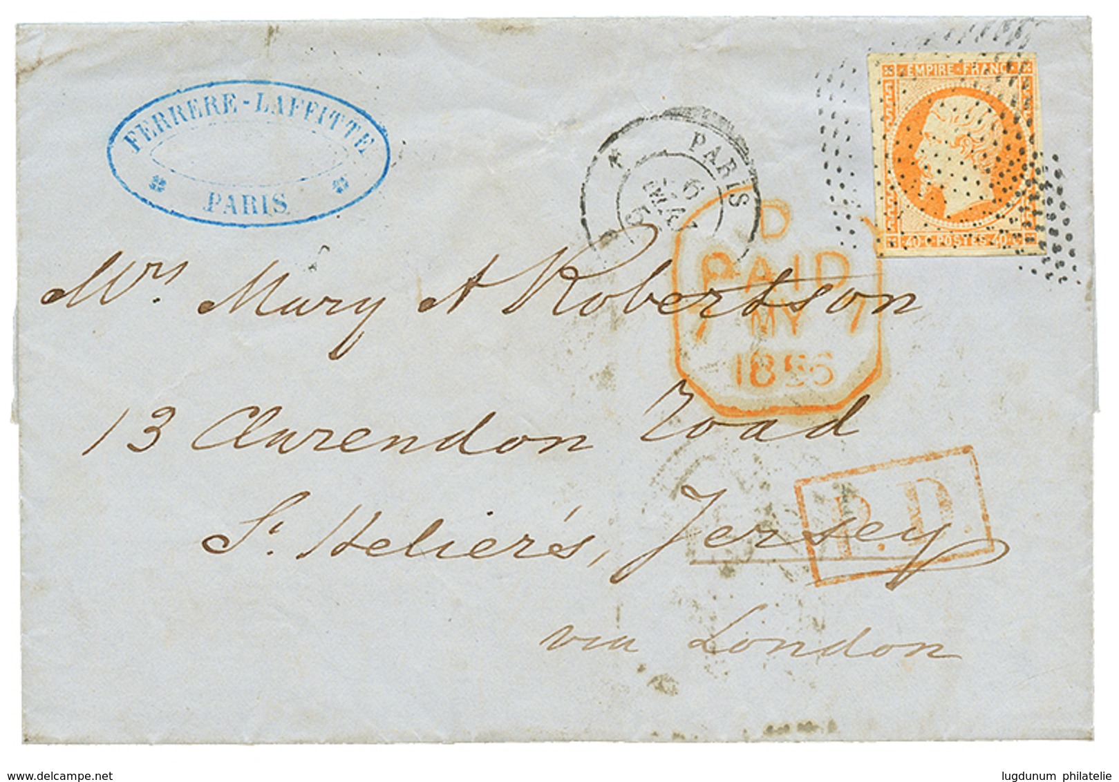 1856 40c(n°16) TB Margé Obl. Rouleau De POINTILLES Sur Lettre De PARIS Pour JERSEY. TTB. - 1853-1860 Napoleone III