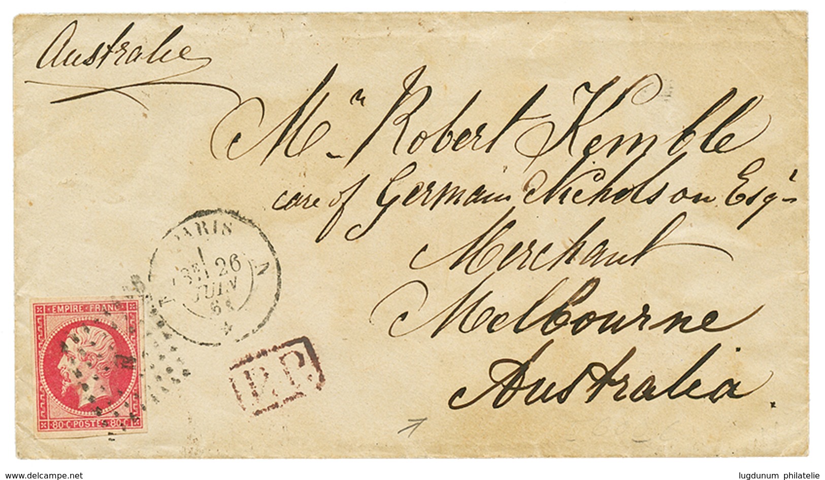 1861 80c(n°17) TB Margé Obl. Sur Enveloppe De PARIS Pour MELBOURNE AUSTRALIE. Destination Rare Avec émission NON DENTELE - 1853-1860 Napoleone III