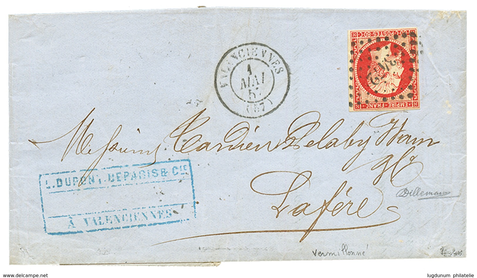 "VERMILLONNE" : 1857 80c VERMILLONNEE Obl. PC 3472 + T.15 VALENCIENNES Sur Lettre. Nuance Are. Signé DILLEMANN & CALVES. - 1853-1860 Napoleone III