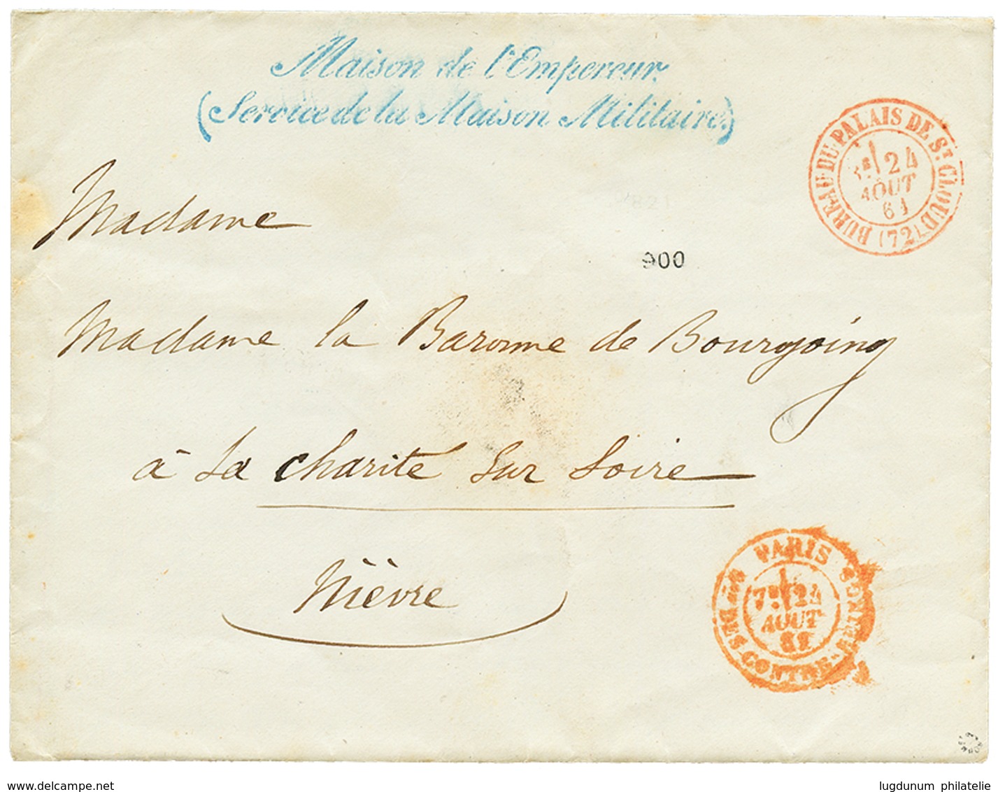 1861 BUREAU DU PALAIS DE ST CLOUD Rouge + MAISON DE L' EMPEREUR Bleu Sur Env. Avec Texte RARE. Superbe. - 1863-1870 Napoléon III Lauré
