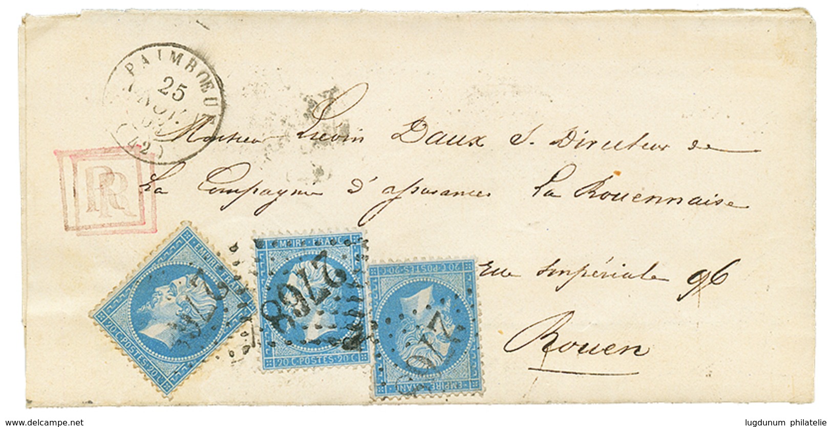 1863 20c(n°22)x3 Obl. GC 2768 + T.15 PAIMBOEUF + Cachet R Encadré Des RECOMMANDEES Sur Lettre Pour ROUEN. Piéce Curieuse - 1863-1870 Napoléon III Lauré