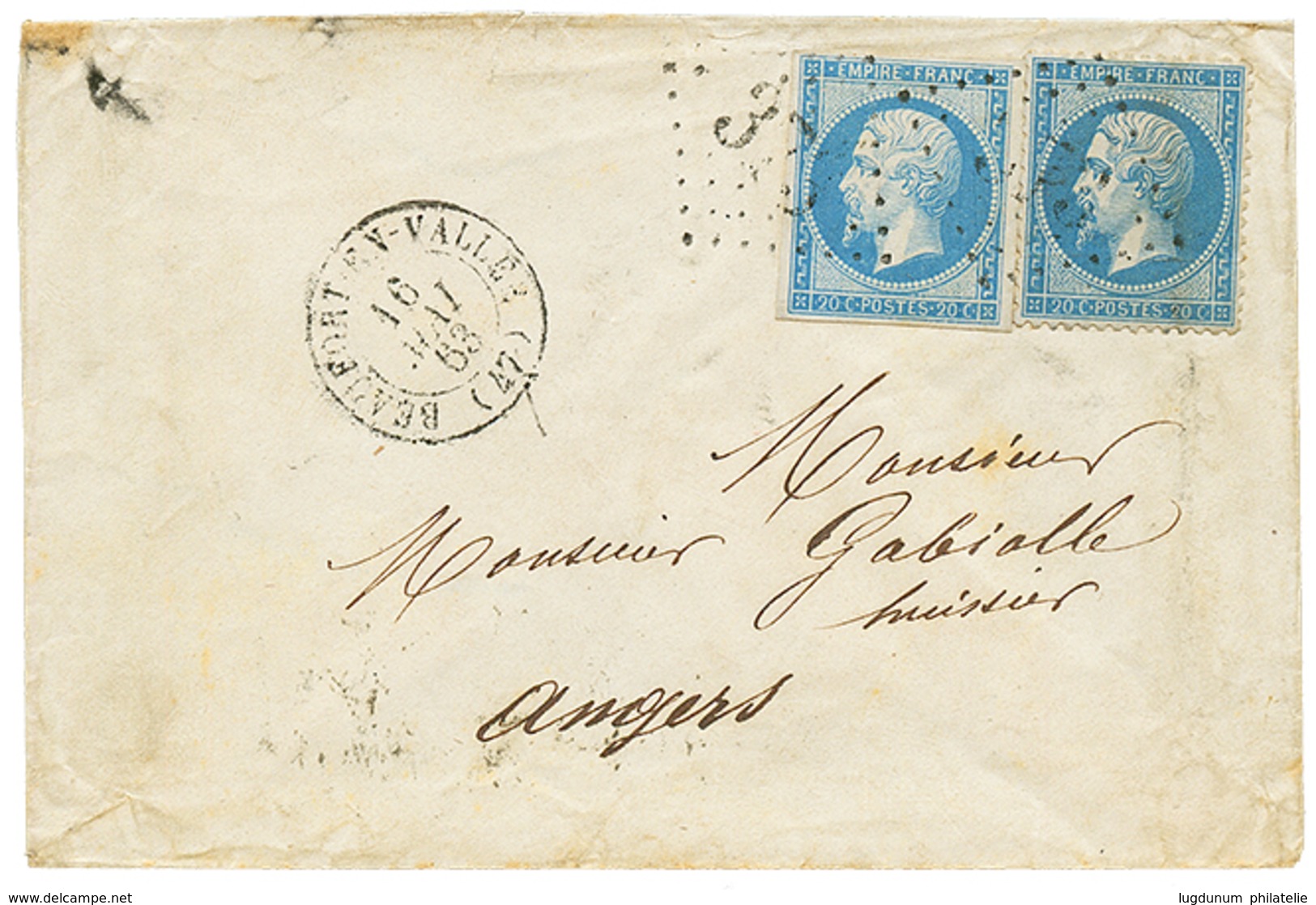 1863 Mixte 20c NON DENTELE (n°14) + 20c DENTELE (n°22) Obl. GC 373 + T.15 BEAUFORT-EN-VALLEE Sur Enveloppe Pour ANGERS.  - 1863-1870 Napoléon III Lauré