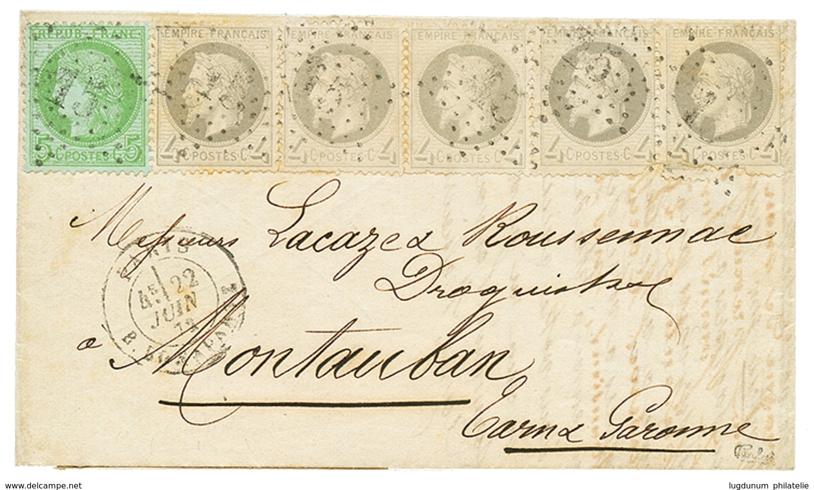 1872 4c Lauré(x5) 2 Ex. Pd + 5c CERES Obl. Etoile 15 Sur Lettre De PARIS. Affrt Rare. Signé CALVES. TB. - 1863-1870 Napoleon III Gelauwerd