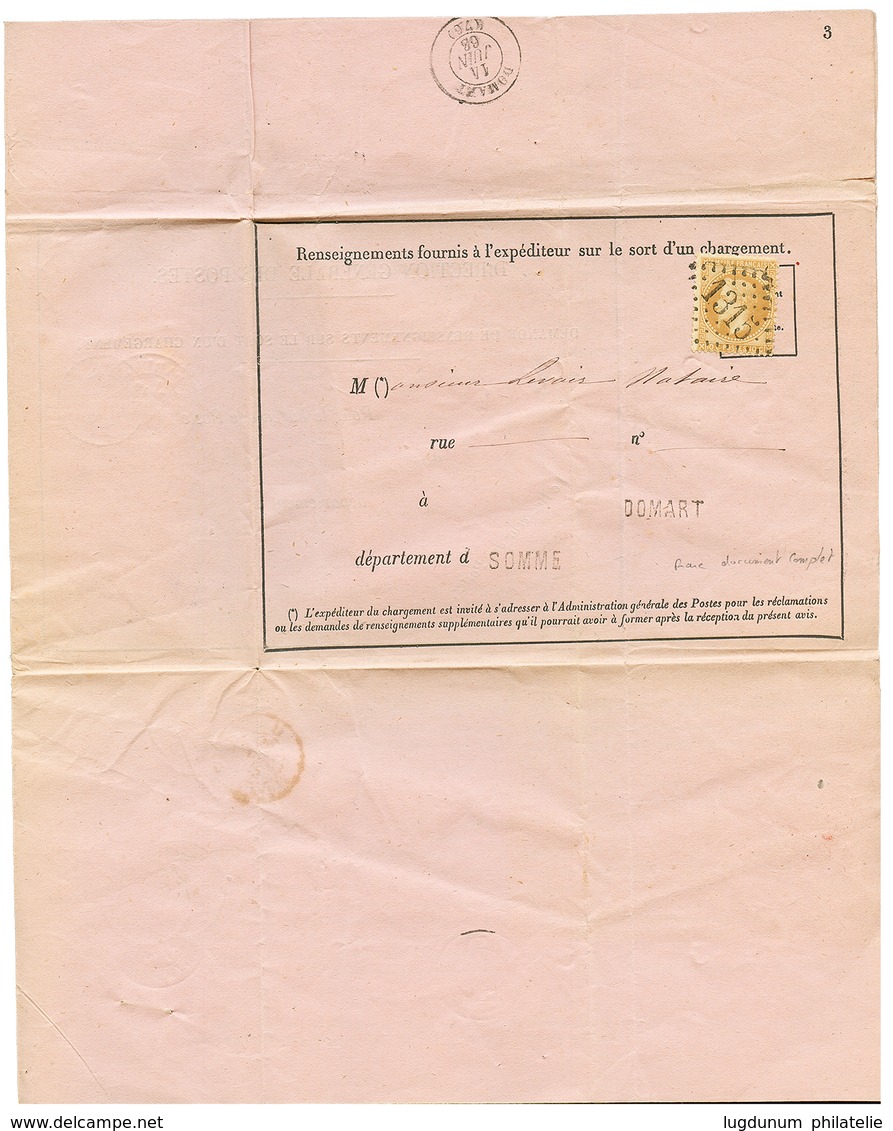 1866 10c(n°28) Obl. GC 1315 Sur AVIS DE RECEPTION (type Spécial) De DOMART. Document Complet. TTB. - 1863-1870 Napoléon III Lauré