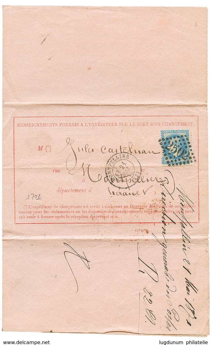 1871 20c(n°29) Obl. GC 2502 + MONTPELLIER Sur AVIS DE RECEPTION Complet Pour COLOGNE (ALLEMAGNE). TTB. - 1863-1870 Napoléon III Lauré