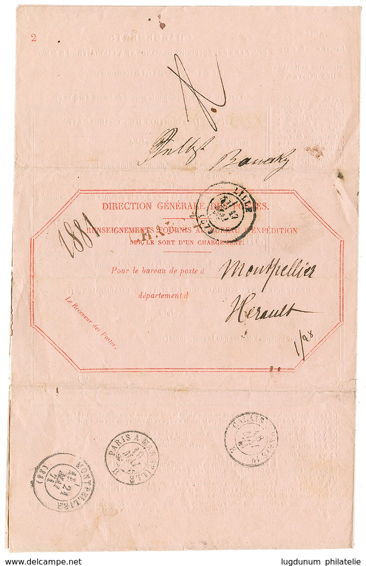 1871 20c(n°29) Obl. GC 2502 + MONTPELLIER Sur AVIS DE RECEPTION Complet Pour COLOGNE (ALLEMAGNE). TTB. - 1863-1870 Napoléon III Lauré
