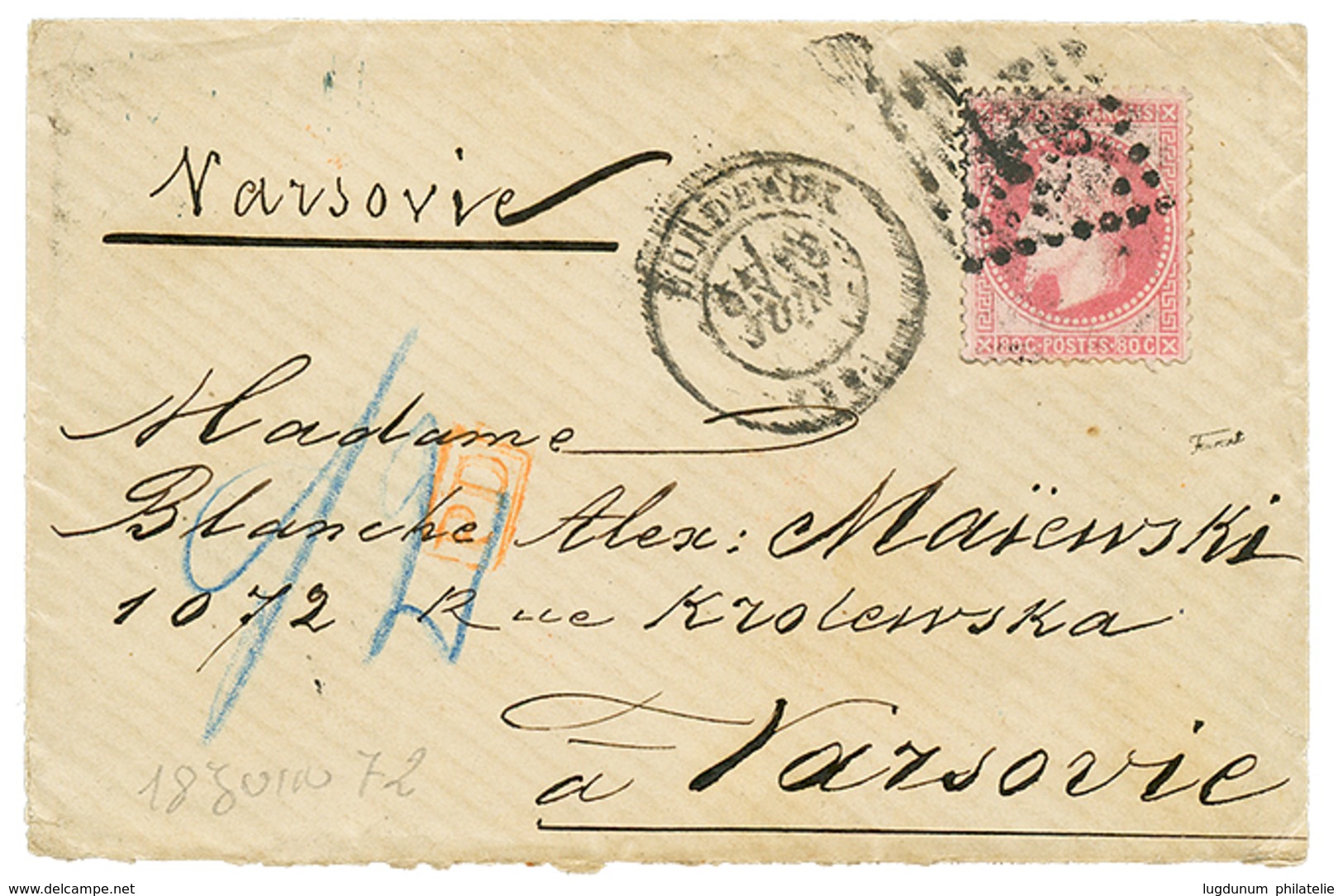 1872 80c(n°32) Sur Lettre De BORDEAUX Pour VARSOVIE (POLOGNE). Arrivée Au Verso. TB. - 1863-1870 Napoléon III Lauré