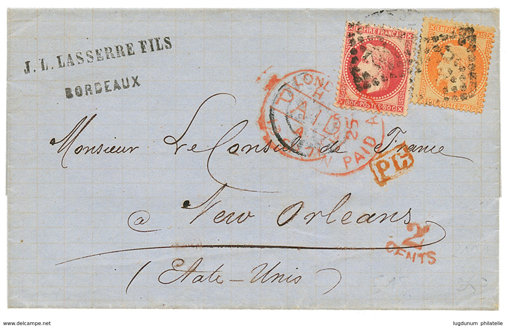 "1F20 Pour La LOUISIANE" : 1871 40c(n°31) + 80c(n°32) Sur Lettre De BORDEAUX Pour NEW ORLEANS (USA). TTB. - 1863-1870 Napoléon III Lauré