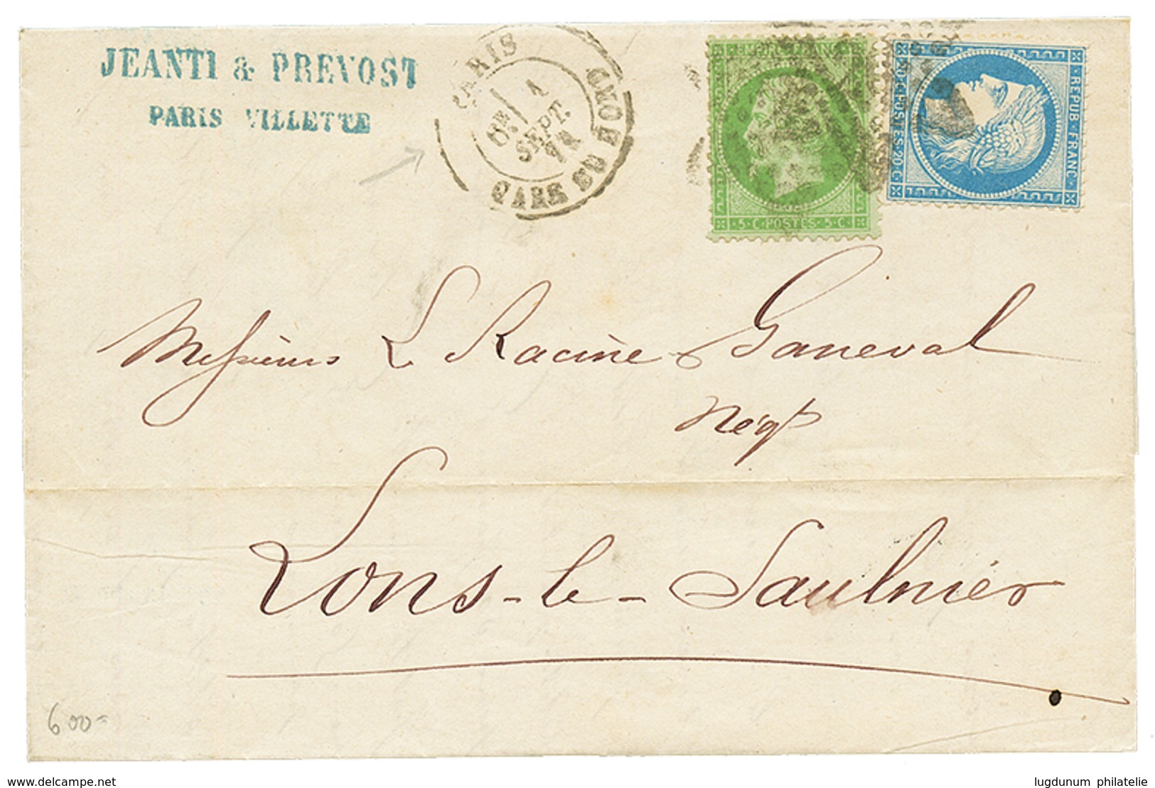 "1 SEPTEMBRE 1871" : 5c Empire + 20c SIEGE(n°37) Obl. Etoile + PARIS 1 SEPT 71 Sur Lettre. 1er JOUR Du Nouveau Tarif à 2 - 1863-1870 Napoléon III Lauré