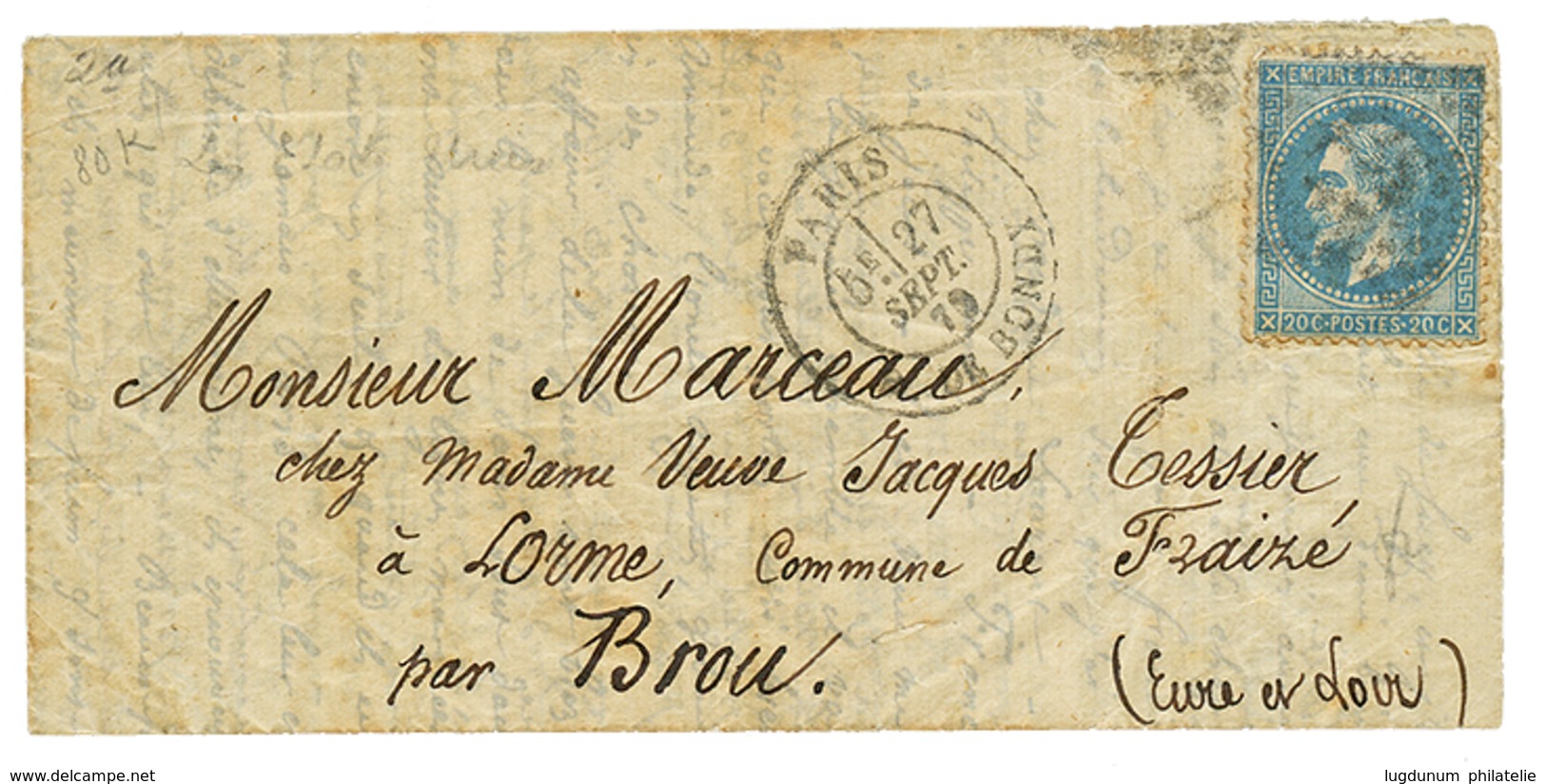 1870 20c(n°29) Obl. Etoile + PARIS 27 Sept 70 Sur Lettre Pour BROU (3 Oct 70). Ballon "LES ETATS-UNIS. TB. - Guerre De 1870