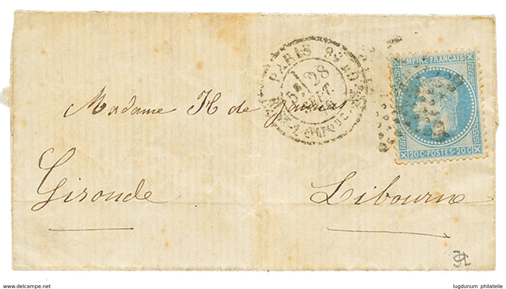 20c(n°29) Obl. Etoile + PARIS 28 Sept 70 Sur Lettre Pour LIBOURNE (2 Oct). TB. - Guerre De 1870