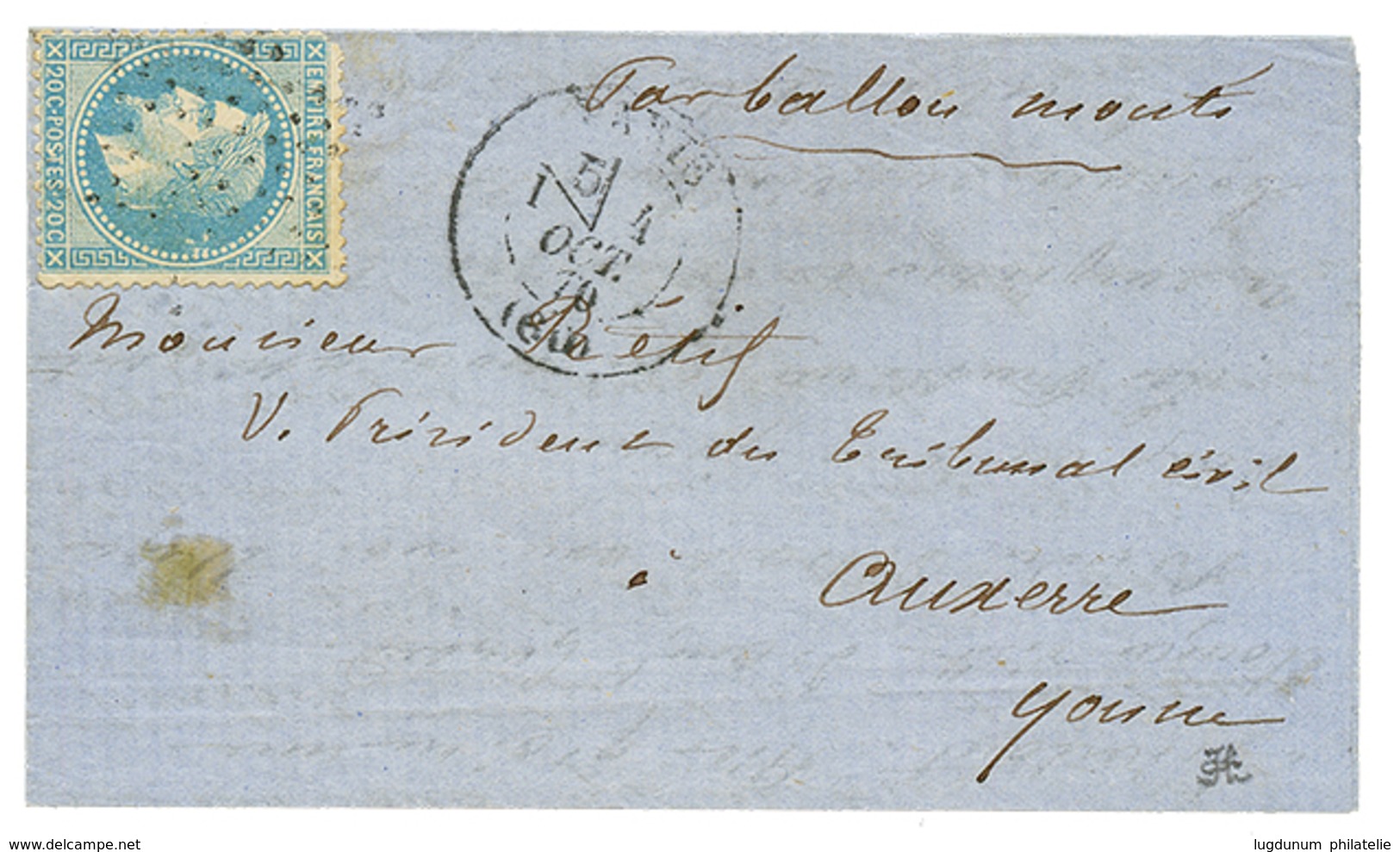 20c(n°29) Obl. Etoile + PARIS 4 Oct 70 Sur Lettre Pour AUXERRE (15 Oct 70). TTB. - Guerre De 1870