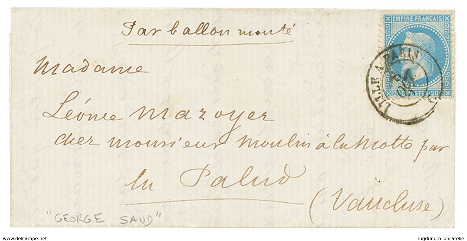 "Pli Confié Du GEORGE SAND" : 20c(n°29) Obl. Ambulant LILLE A PARIS 8 Oct 70 Sur Lettre PAR BALLON MONTE Pour LE PALUD V - Guerre De 1870