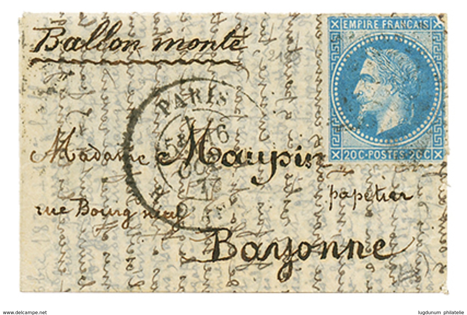 20c(n°29) Pd Obl. Etoile + PARIS 16 Oct 70 Sur Lettre Pour BAYONNE (22 Oct 70). TTB. - Guerre De 1870