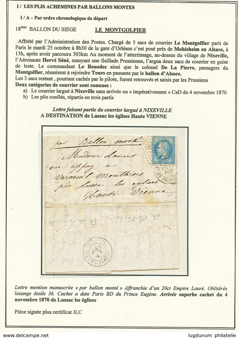 "LE MONGOLFIER" : 20c(n°29) Obl. Etoile 36 + PARIS 24 Oct 70 Sur Lettre Pour LUSSAC. Verso, LUSSAC-LES-EGLISES 4 Nov 70. - Guerre De 1870