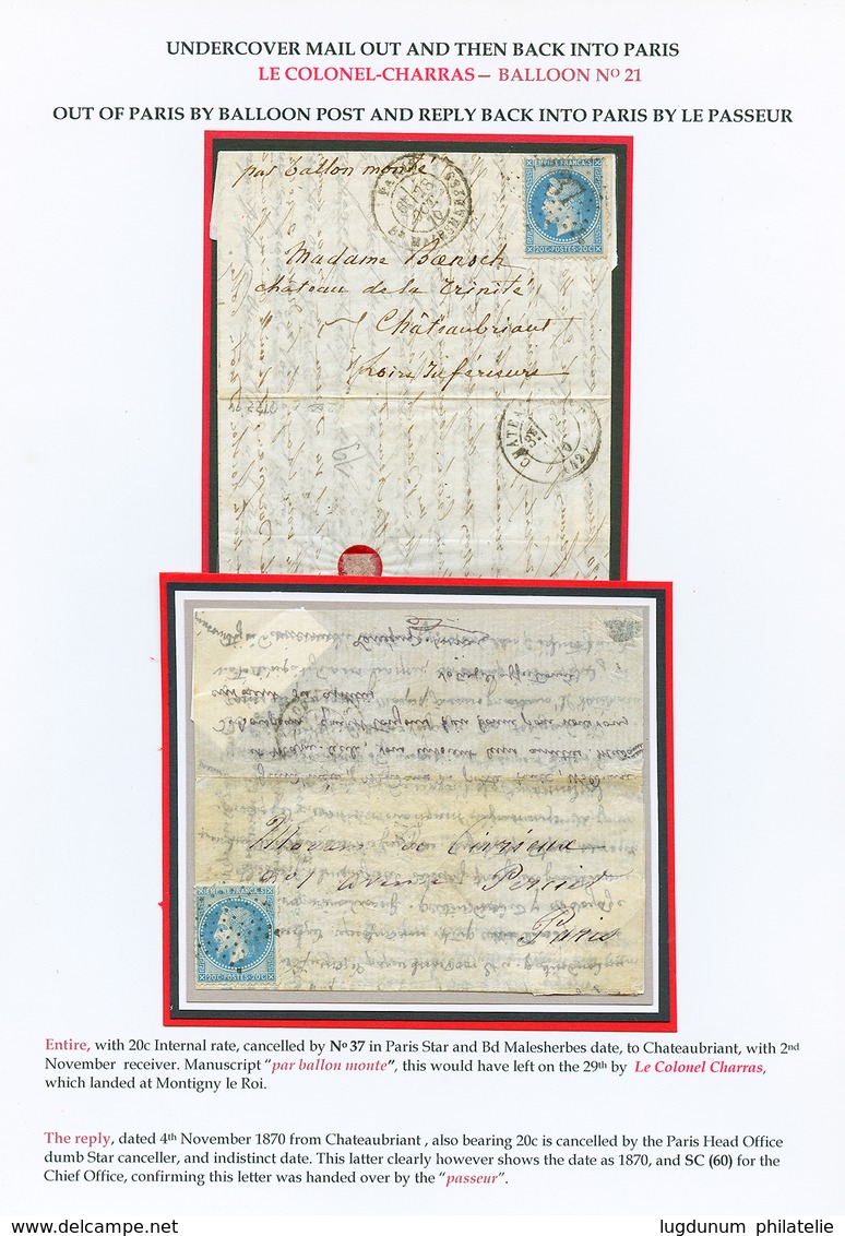 "BALLON MONTE Avec Sa REPONSE" : 20c Obl. Etoile 37 + PARIS 28 Oct 70 Sur Lettre Pour CHATEAUBRIANT (2 Nov. 70). On Join - Guerre De 1870