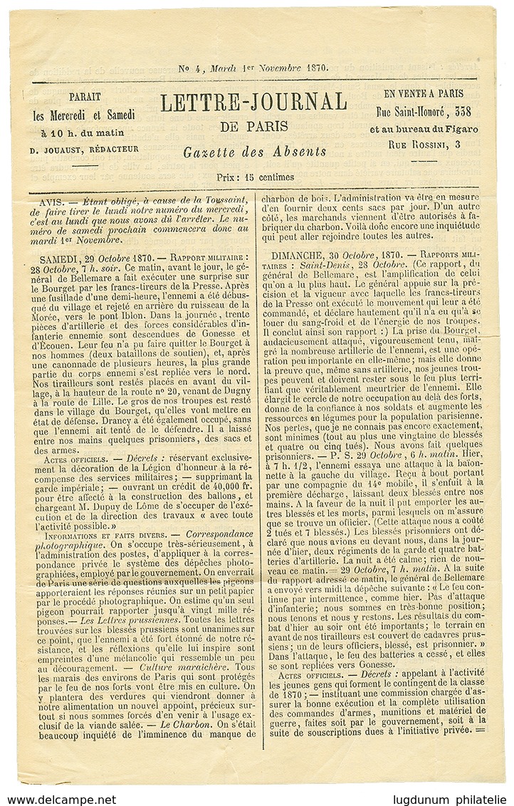 1870 20c(n°37) Etoile 1 + PARIS 2 Nov 70 Sur GAZETTE DES ABSENTS N°4 Pour LA CÔTE ST ANDRE (8 Nov 70). TB. - Guerre De 1870