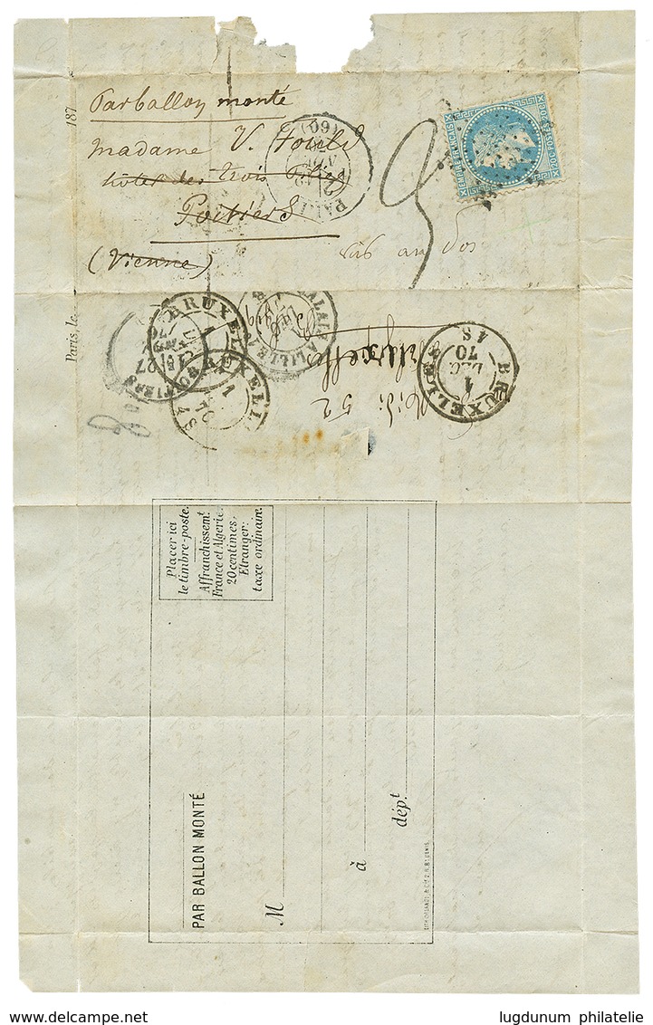 1870 20c(n°29) Obl. Etoile + PARIS 12 Nov 70 + Taxe 3 Tampon Sur Lettre Avec Texte Pour POITIERS Réexpédiée à BRUXELLES  - Guerre De 1870