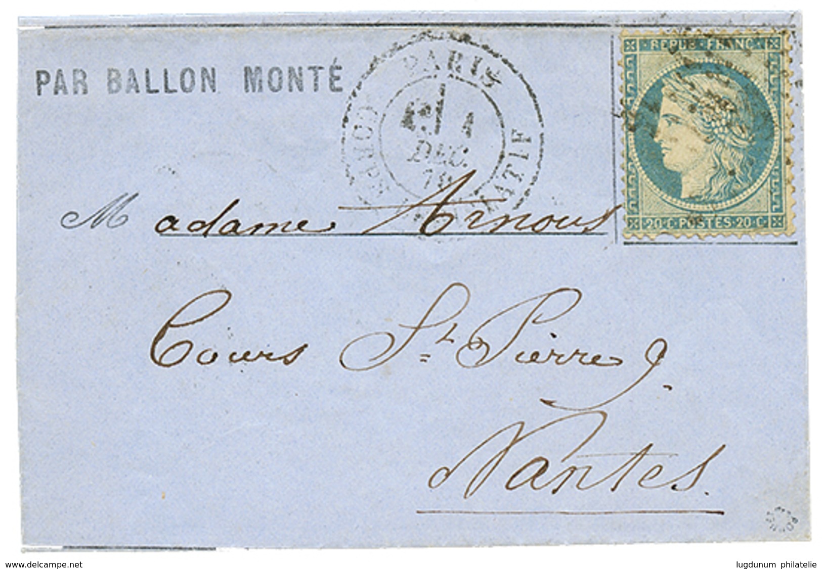 20c(n°37) Obl. Etoile + PARIS 1 Dec 70 Sur Lettre Pour NANTES (5 Dec 70). Superbe. - Guerre De 1870