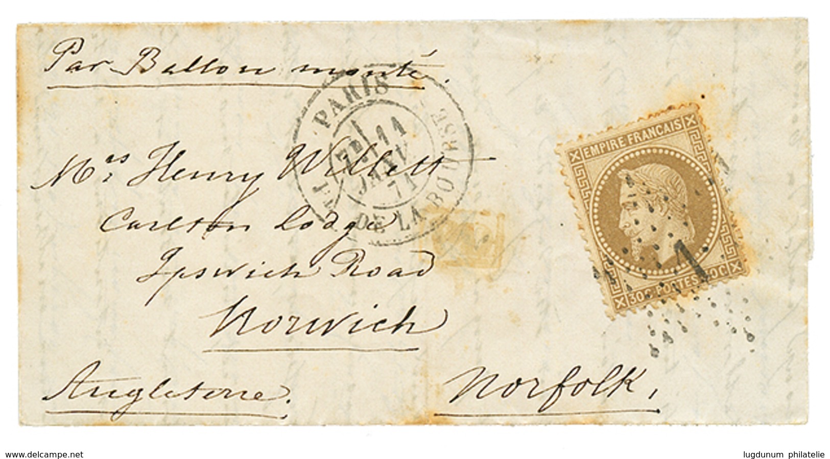 1871 30c(n°30) Obl. Etoile 1 + PARIS 11 Janv 71 Sur Lettre Pour NORWICK (ANGLETERRE) Avec Arrivée (20 Janv 71). Ballon " - Guerre De 1870