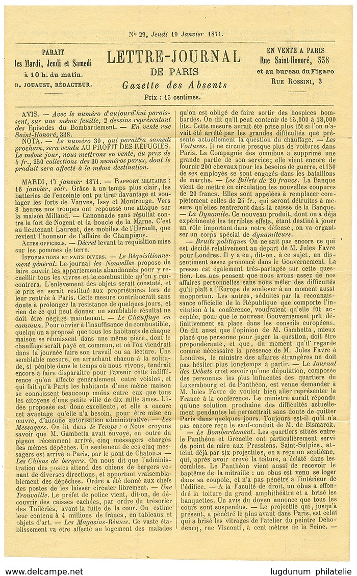 20c(n°29)x2 Pd Obl. Etoile + PARIS 19 Janv 70 Sur GAZETTE DES ABSENTS N°29 Pour MILAN (ITALIE). TB. - Guerre De 1870