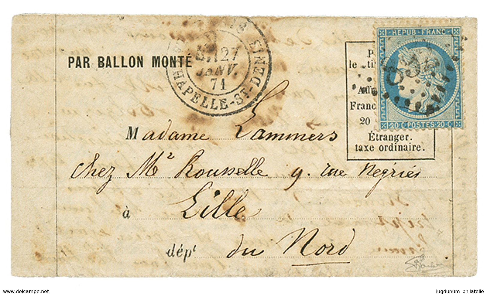 Ballon "GENERAL CAMBRONNE" : 20c(n°37) Obl. GC 892 + PARIS CHAPELLE ST DENIS 27 Janv 71 Sur Lettre Pour LILLE (4 Fevr 71 - Guerre De 1870