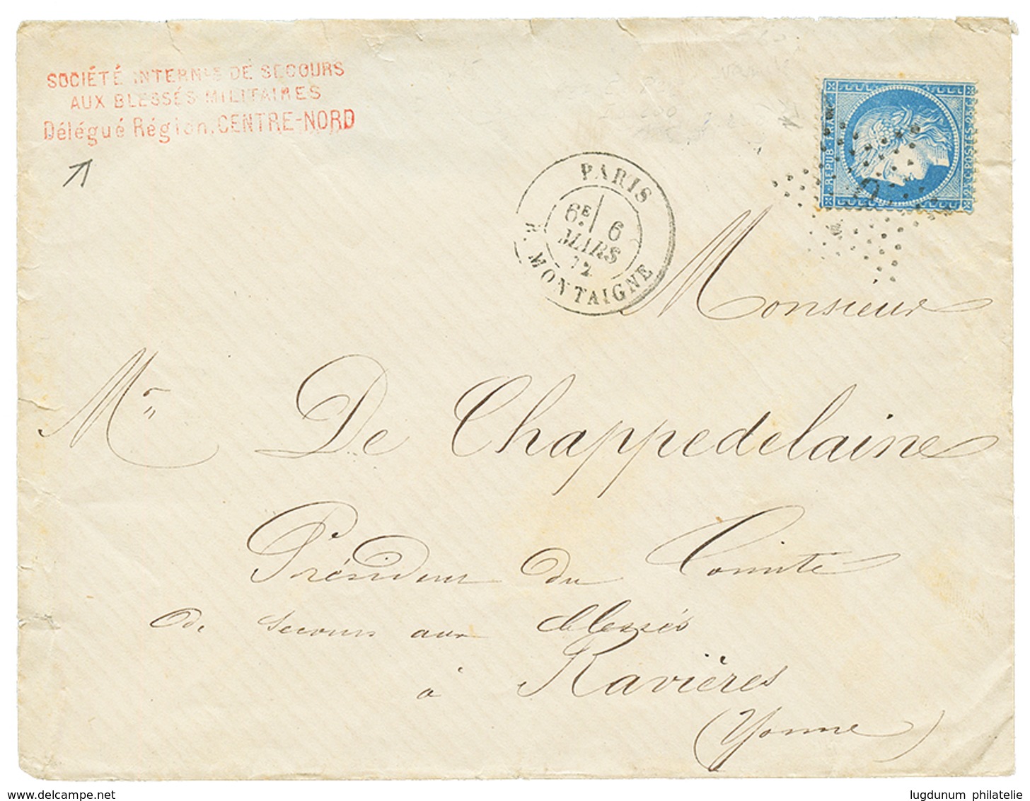 GUERRE 1870 - CROIX-ROUGE : 1872 25c(n°60) Obl. Etoile + Rare Cachet Rouge SOCIETE INTERNle DE SECOURS MILITAIRES / DELE - Guerre De 1870