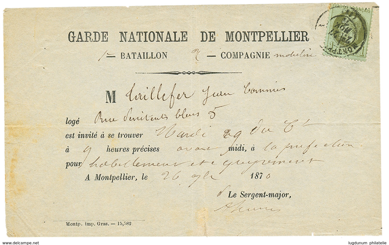 "CONVOCATION GARDE NATIONALE" : 1870 1c Lauré (n°25) Obl. T.17 MONTPELLIER Sur CONVOCATION De La "GARDE NATIONALE DE MON - Guerre De 1870