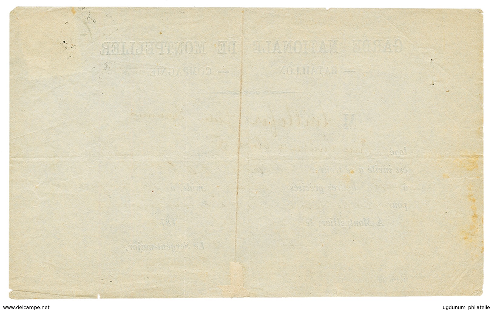 "CONVOCATION GARDE NATIONALE" : 1870 1c Lauré (n°25) Obl. T.17 MONTPELLIER Sur CONVOCATION De La "GARDE NATIONALE DE MON - Guerre De 1870