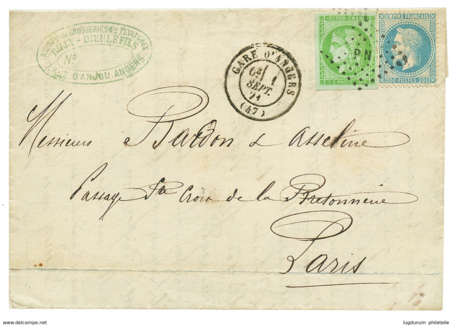 "1er SEPTEMBRE 1871" : 5c BORDEAUX(n°42) TTB Margé + 20c(n°29) Obl. Ambulant PN + GARE D' ANGERS 1 Sept 71 Sur Lettre Po - 1870 Emisión De Bordeaux