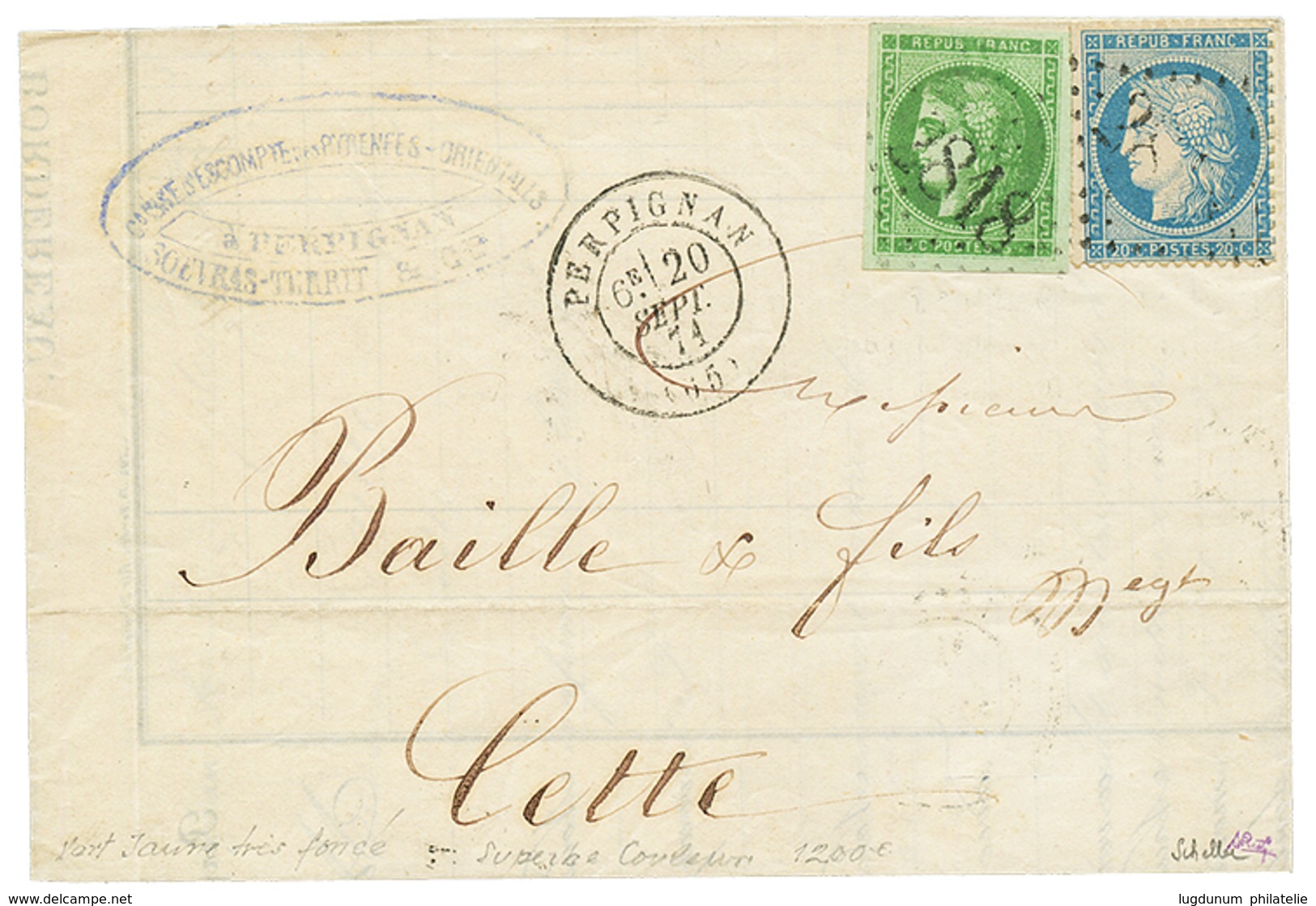 1871 5c BORDEAUX(n°42) VERT Jaune Trés Fonçé Sur Lettre De PERPIGNAN. Signé SCHELLER. Superbe. - 1870 Emission De Bordeaux