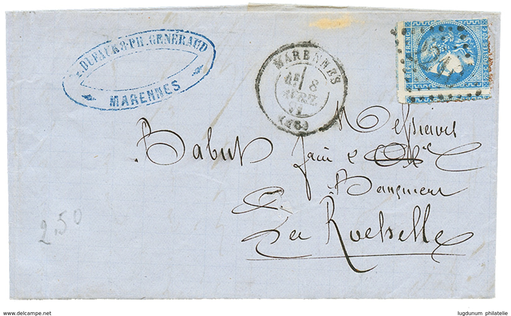 PIQUAGE De MARENNES Sur 20c BORDEAUX : 1871 20c BORDEAUX Avec Piquage Spécial Sur Lettre De MARENNES. Trés Rare Avec émi - 1870 Emisión De Bordeaux