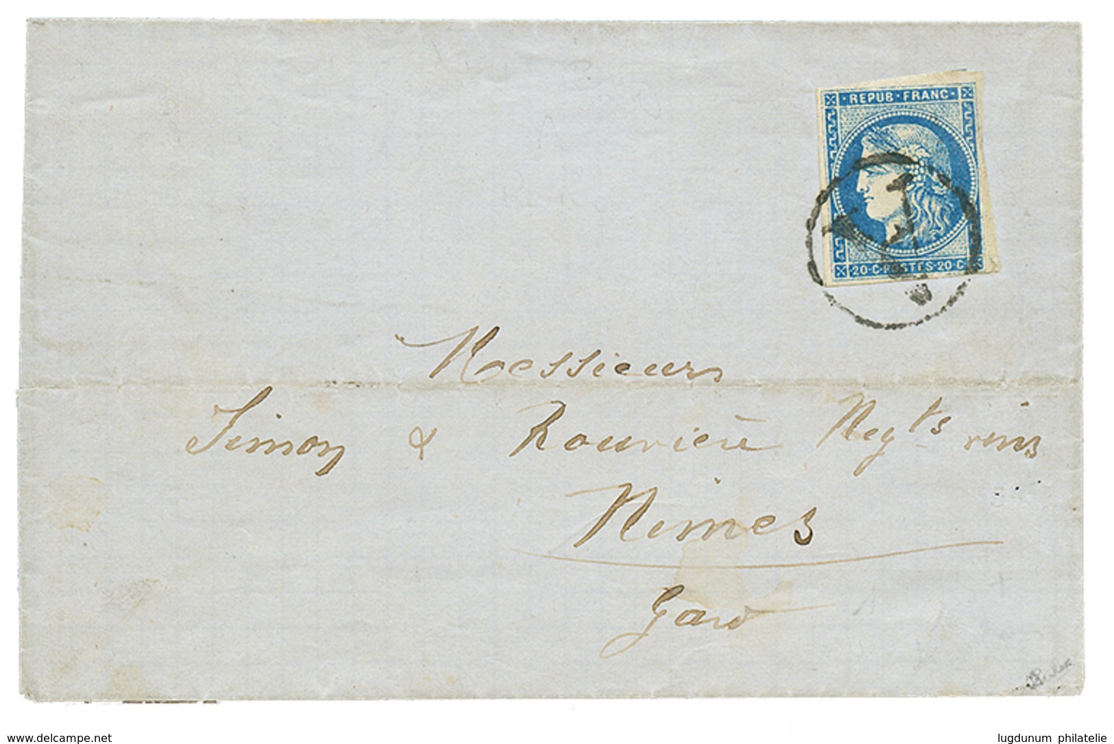 1871 20c BORDEAUX Obl. Cachet Rond A Sur Lettre Datée "CERILLY" Pour NIMES. RARE. Signé CALVES. TB. - 1870 Emisión De Bordeaux