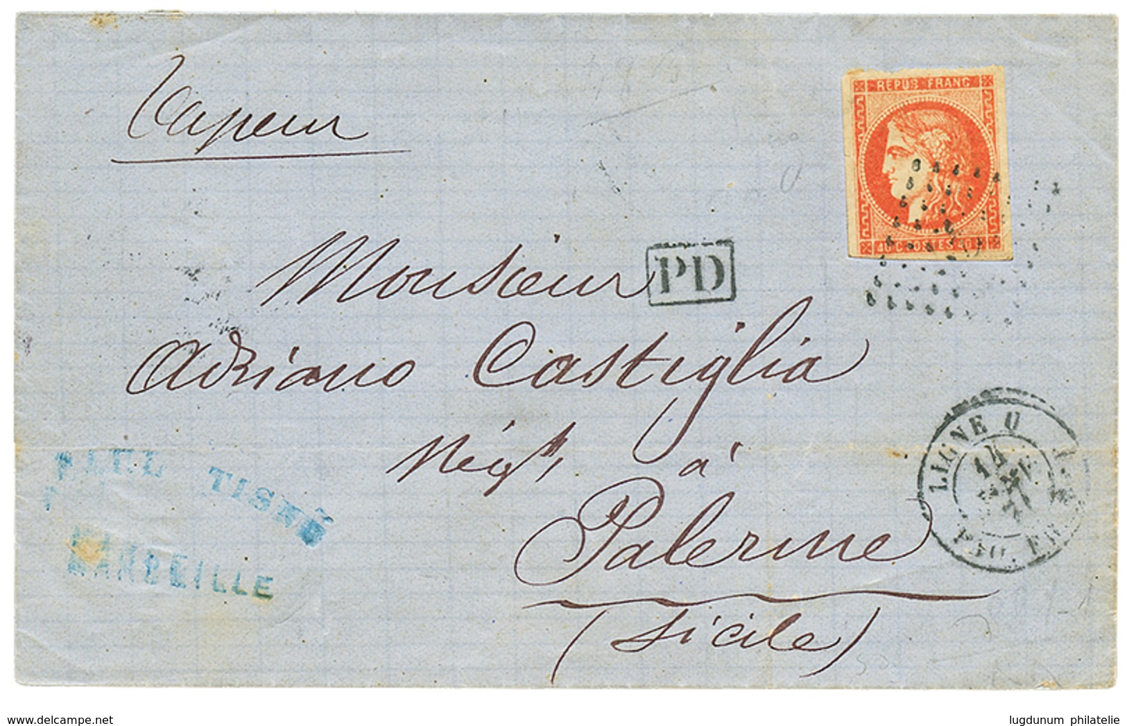 1871 40c BORDEAUX(n°48) Marges Intactes Obl. ANCRE + LIGNE U PAQ FR N°1 Sur Lettre Pour La SICILE. TB. - 1870 Emission De Bordeaux