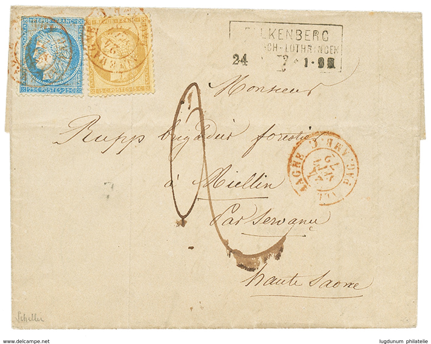 "FALKENBERG" : 1872 25c CERES(n°60) + 15c CERES(n°59) Pli Obl. Cachet D' Entrée Rouge ALLEMAGNE PAQ. AMB.C + Cachet Alle - 1871-1875 Cérès