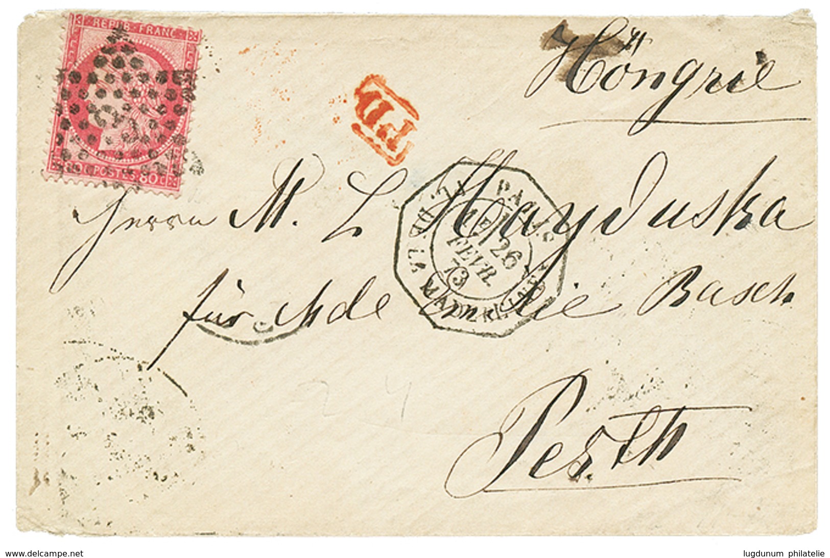 "LEVEE EXCEPTIONNELLE Pour La HONGRIE " : 1873 80c CERES Obl. Etoile 3 + PARIS PL. DE LA MADELEINE/1e Sur Enveloppe Pour - 1871-1875 Cérès