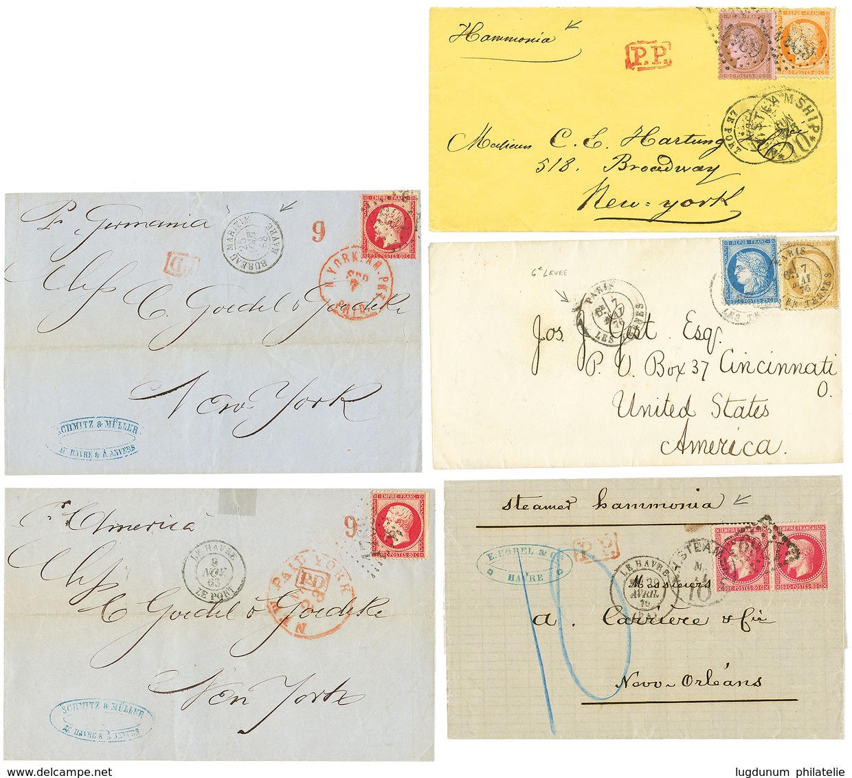 1863-1876 TB Ensemble De 5 Lettres Pour Les ETATS-UNIS Avec Combinaisons Intéréssantes. A Voir. TTB. - 1871-1875 Cérès