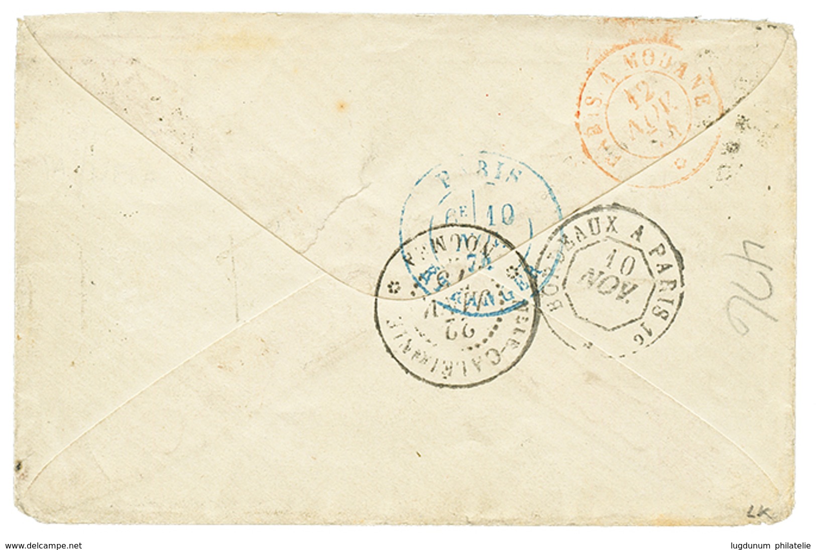 1874 CERES 80c + 30c Obl. GC 1611 + T.17 GAILLAC-DU-TARN Sur Enveloppe Par VOIE De BRINDISI Pour NOUMEA. Arrivée Au Vers - 1871-1875 Cérès