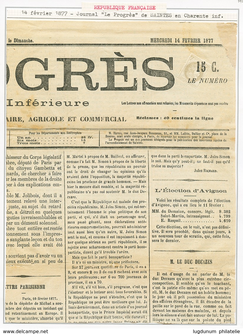 1877 4c CERES (n°52) Obl. TYPO. Sur DEVANT De Journal. Cote YVERT = 1400€. Superbe. - 1871-1875 Cérès