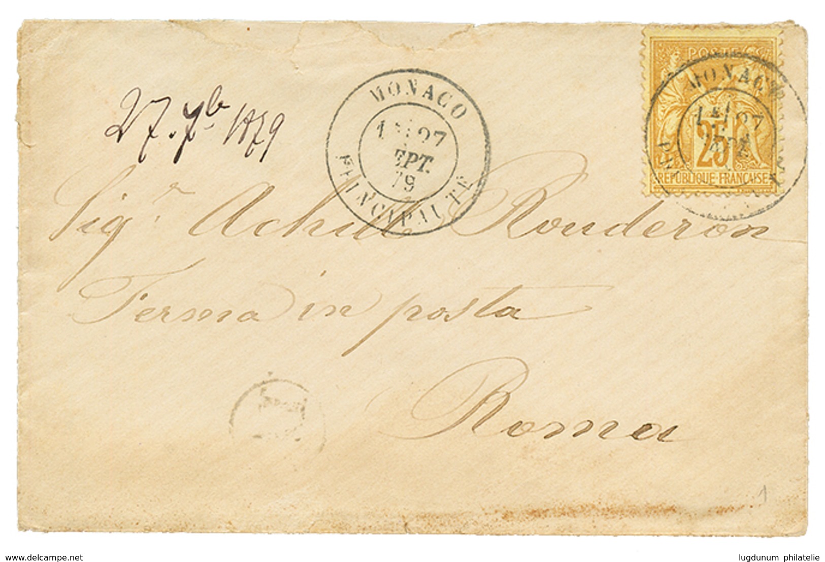 1879 25c SAGE Jaune Obl. MONACO PRINCIPAUTE Sur Env(pd) Pour ROMA (ITALIE). TB. - Autres & Non Classés