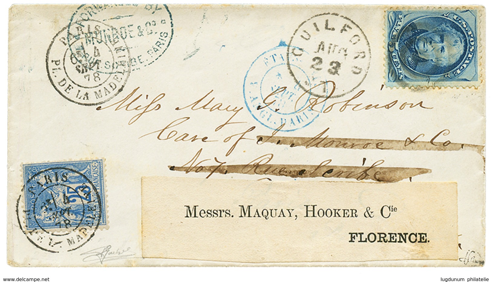 1878 USA 5c Sur Lettre De GUILFORD Pour PARIS Réexpédiée En ITALIE Avec 25c SAGE Obl. PARIS. TTB. - Otros & Sin Clasificación