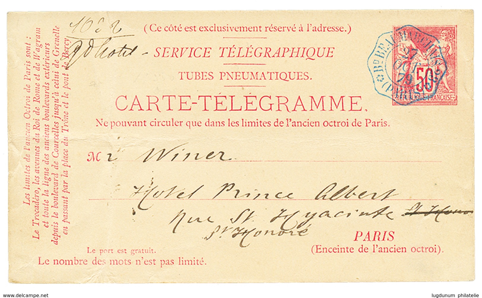 1879 Carte Pneumatique 50c SAGE Obl. Bu BEAUMARCHAIS PARIS Bleu. TTB. - Altri & Non Classificati